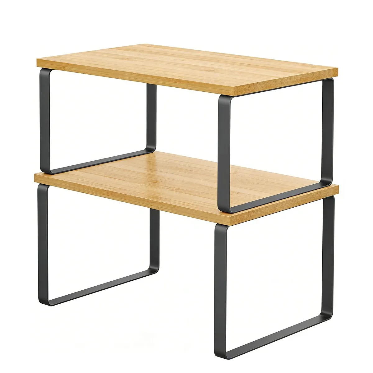 2-Pack Bamboo Storage Shelves, Stackable Organizer Rack Metal Frame - Black, Brown