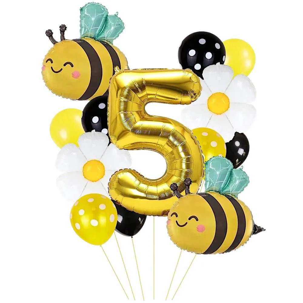 13 Piece Bumble Bee First Birthday Balloon Decoration Set - Number 5