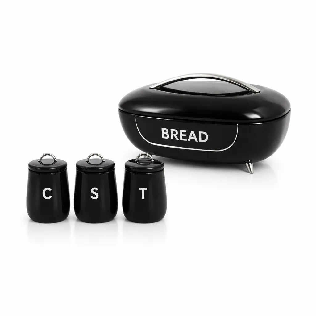 4 Piece Homeware Set - Breadbin + Canisters - Black