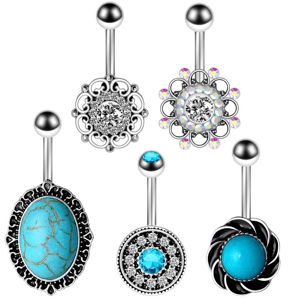 5 Pieces Stainless Steel Belly Ring Bar Variety Set Navel Barbell Piercing