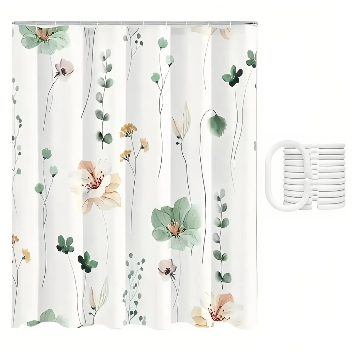 Watercolor Floral Shower Curtain, Sage Green Beige Flower Shower Curtain