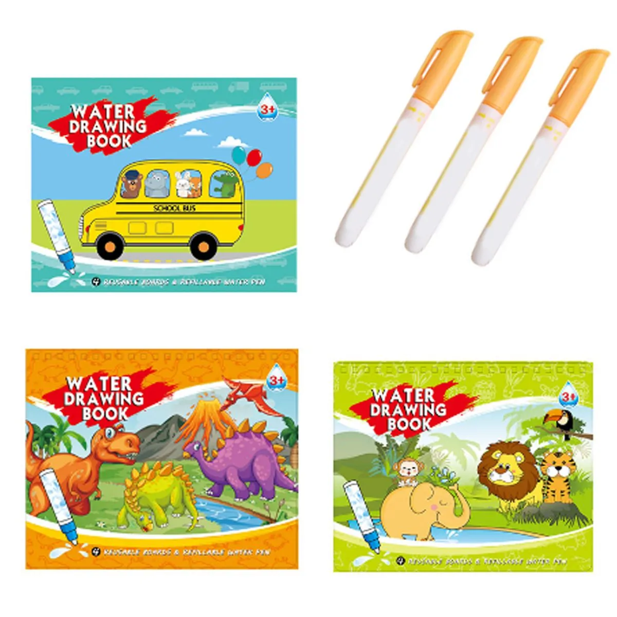 3 Pack Water Drawing Books with Water Pens Dinosaur Vehicle Animal Theme