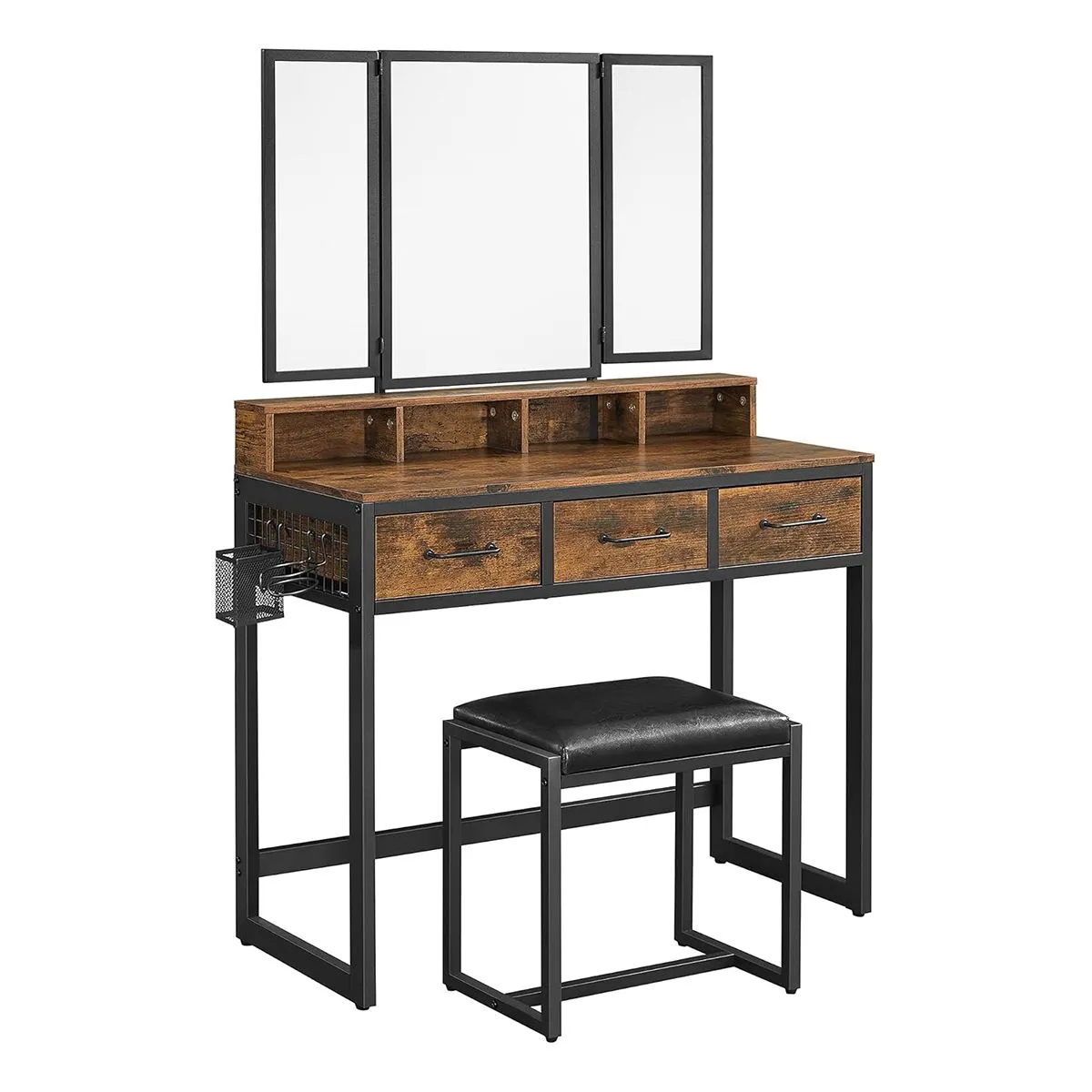 LASA Rustic Brown Vanity Table with Mirror Drawer and Stool Set