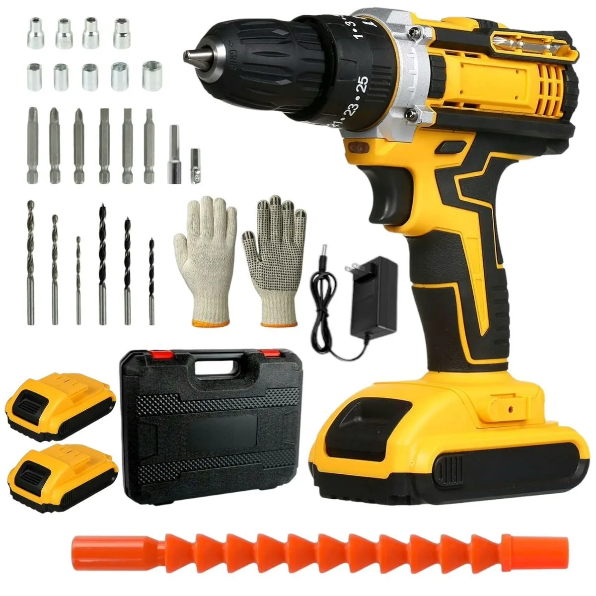 21V Cordless Lithium Impact Drill Set - Drill, Bits, Gloves & Sockets
