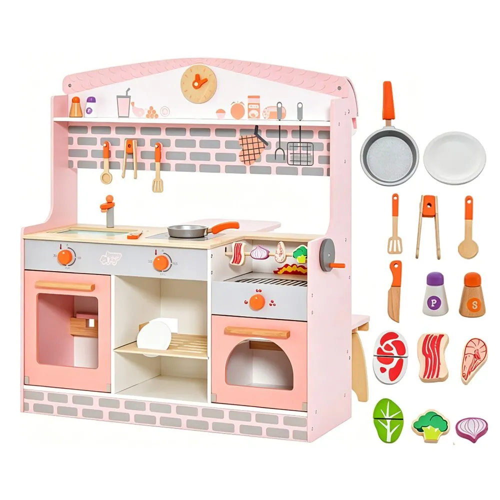 Wooden Kids Kitchen Play Set with Realistic Appliances Accessories - Pink