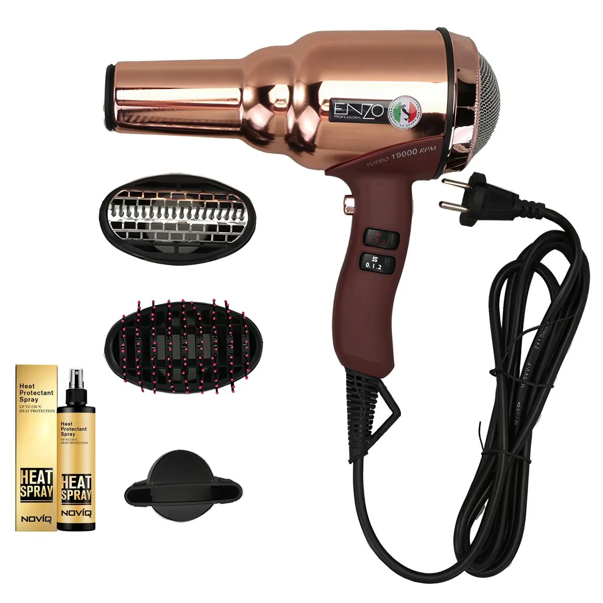 ENZO High-Speed Ionic Blow Dryer for Salon Results + NOVIQ Heat Spray 250ml - Gold