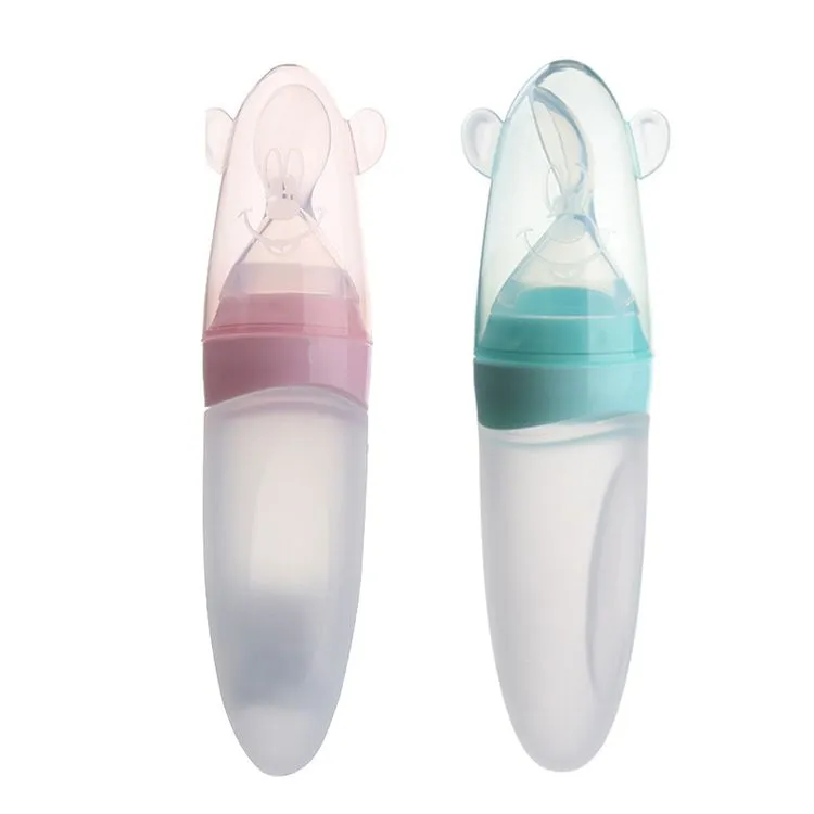 90ML Silicone Baby Squeeze Feeding Bottle with spoon and Lid - Set of 2