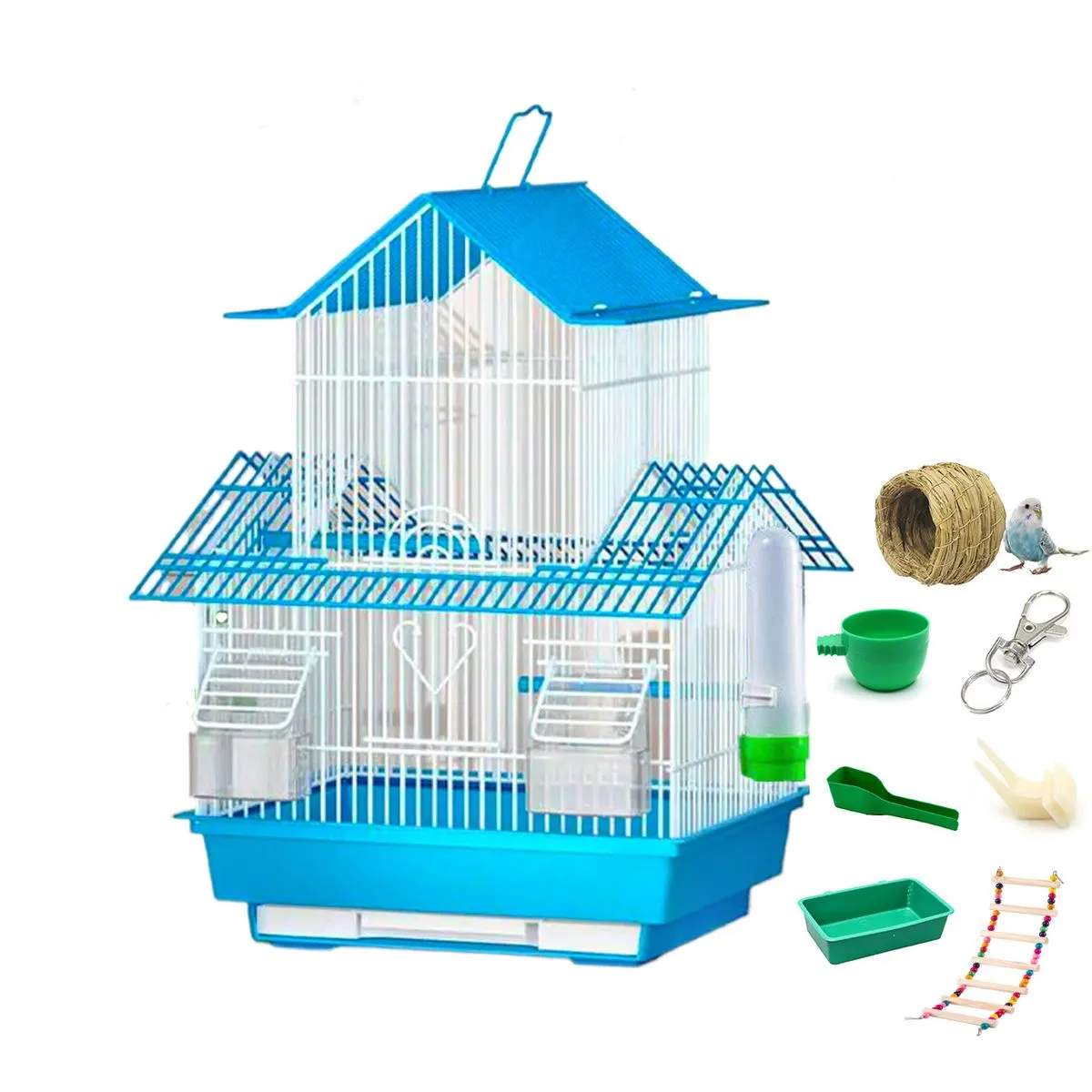 Wild Bird Budgie Medium cage Pitched Roof & Open top with Accessories-Blue