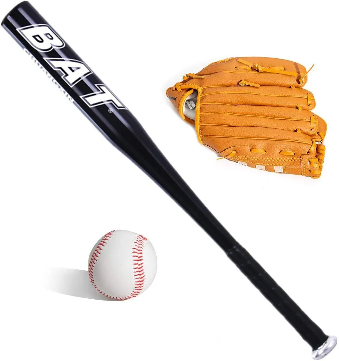 Baseball Bat Set with Glove and Ball - 64cm Aluminium Alloy Baseball Bat - Black, Brown
