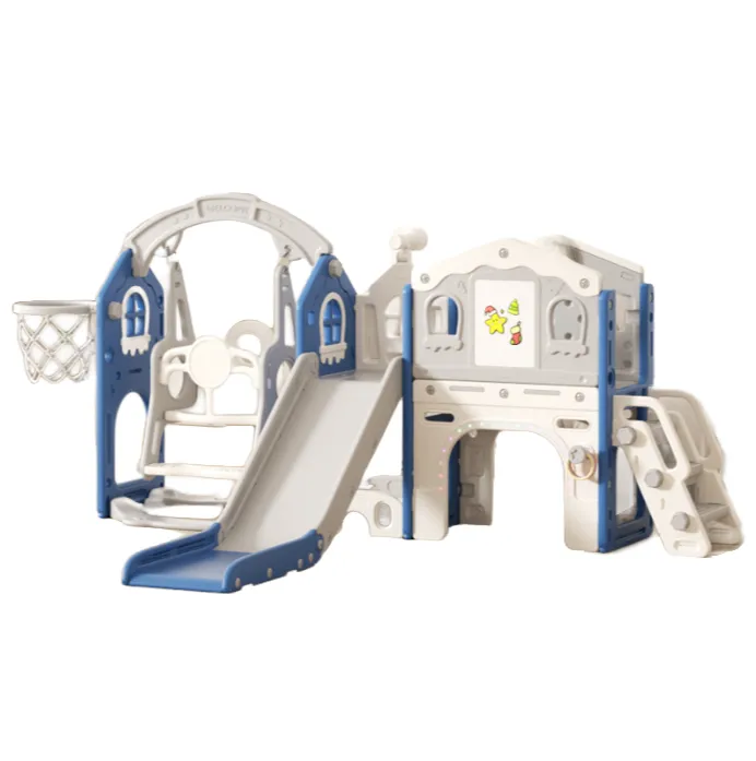 7-in-1 Toddler Slide and Swing Set Indoor Kids Playground - Blue, Grey