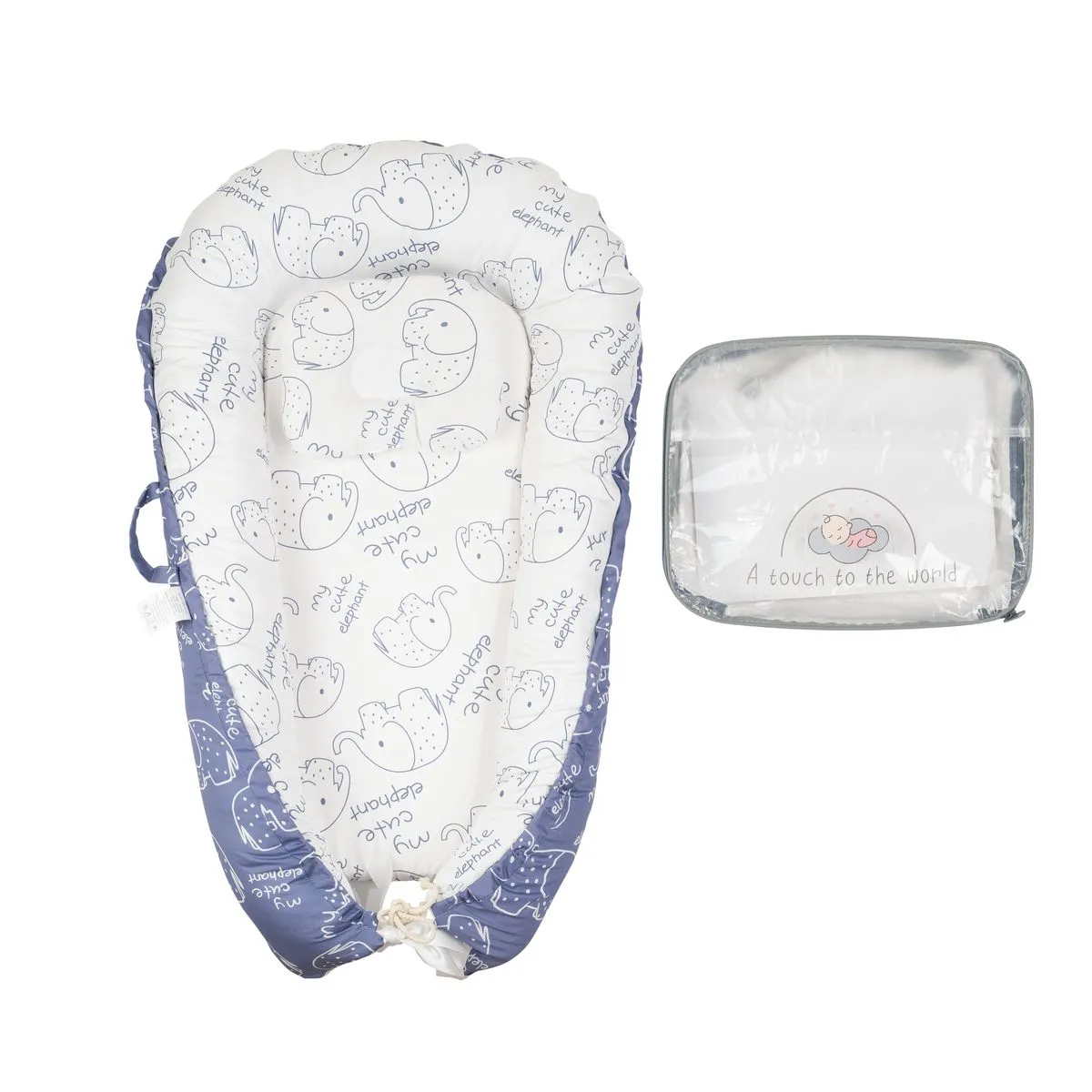 Organic Newborn Baby Lounger Portable Co-Sleeping Bassinet With Carry Bag - Blue-Elephant