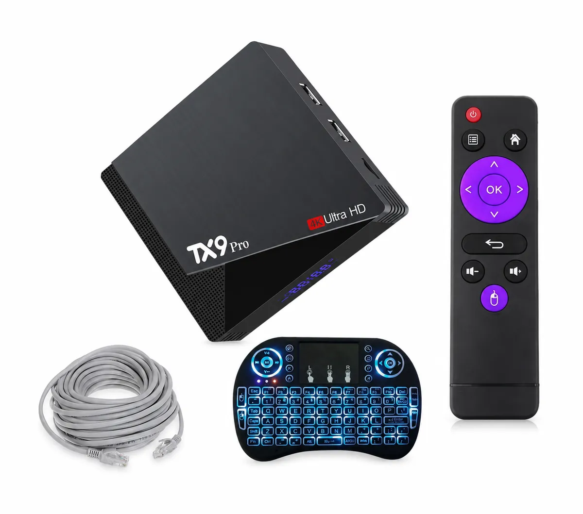 TX9 Pro 6K UHD Android 14.0 Media TV Box+Mini Keyboard+ 10m Cat5e - Netflix