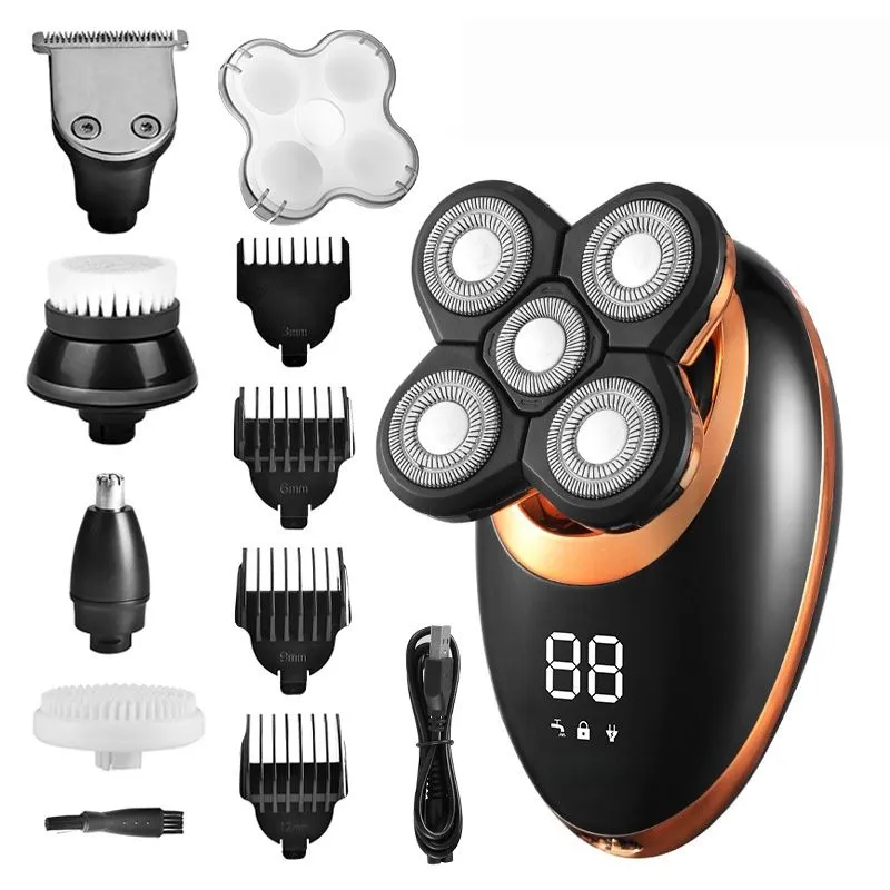 5 in 1 Electric Head Shaver Waterproof Rechargeable Razor - Gold