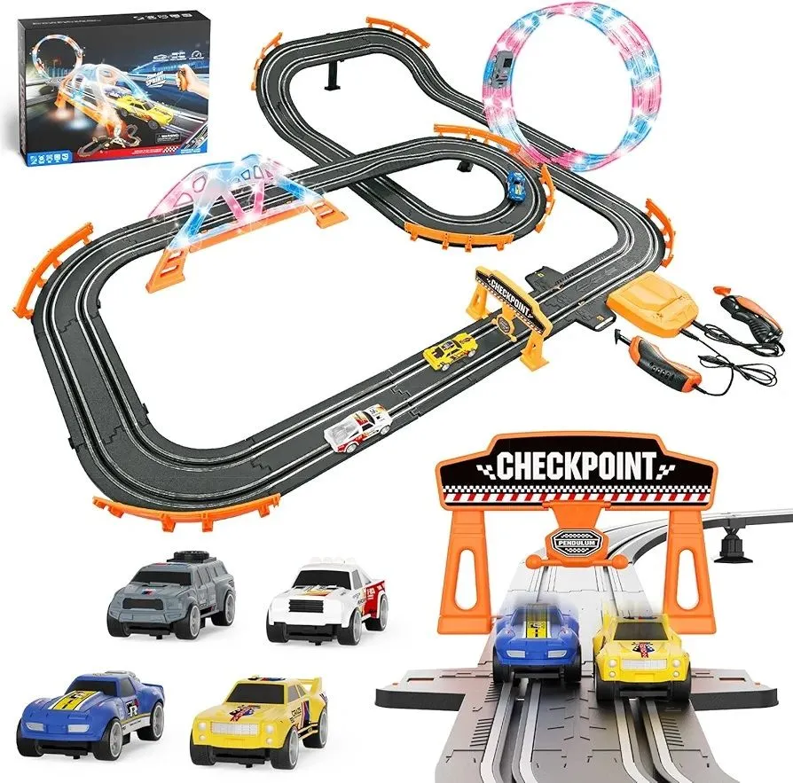 1:64 Electric Slot Car Race Track Set with 4 High-Speed Cars & Lap Counter