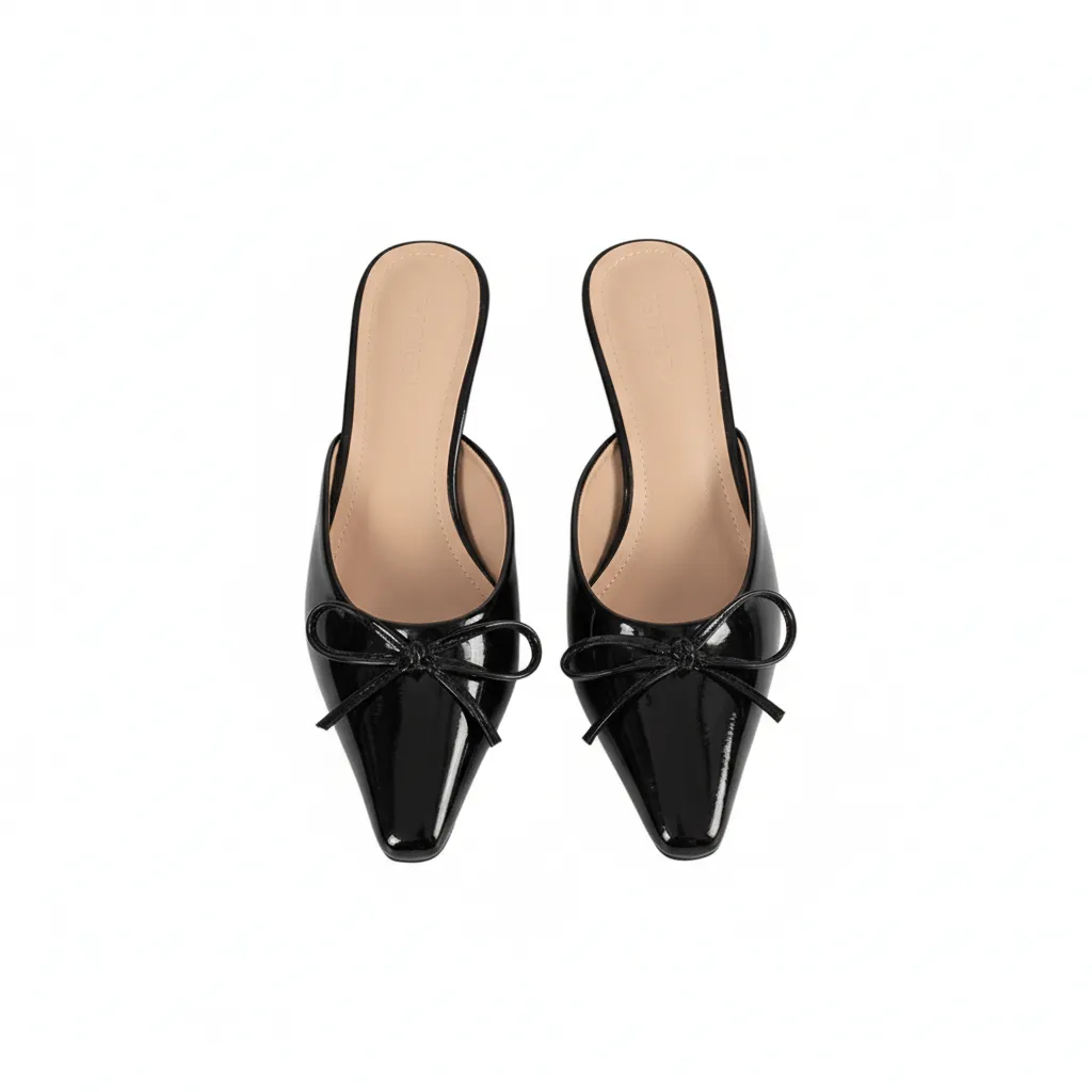 Women's Leather Patent Bow Pointed-Toe Mule Heels - Black