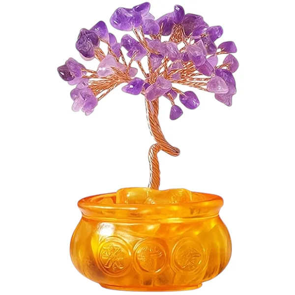 Decorative Gemstone Tree With Golden Resin Base - Amethyst Cornucopia