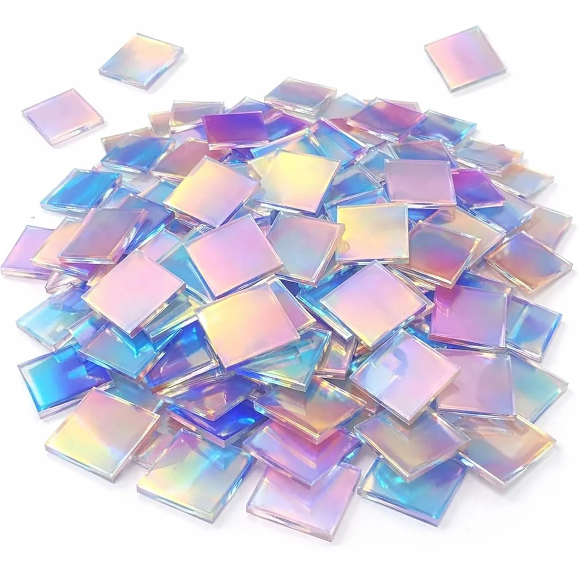 100-Pack Iridescent Glass Mosaic Tiles, Square Shapes for DIY Crafts