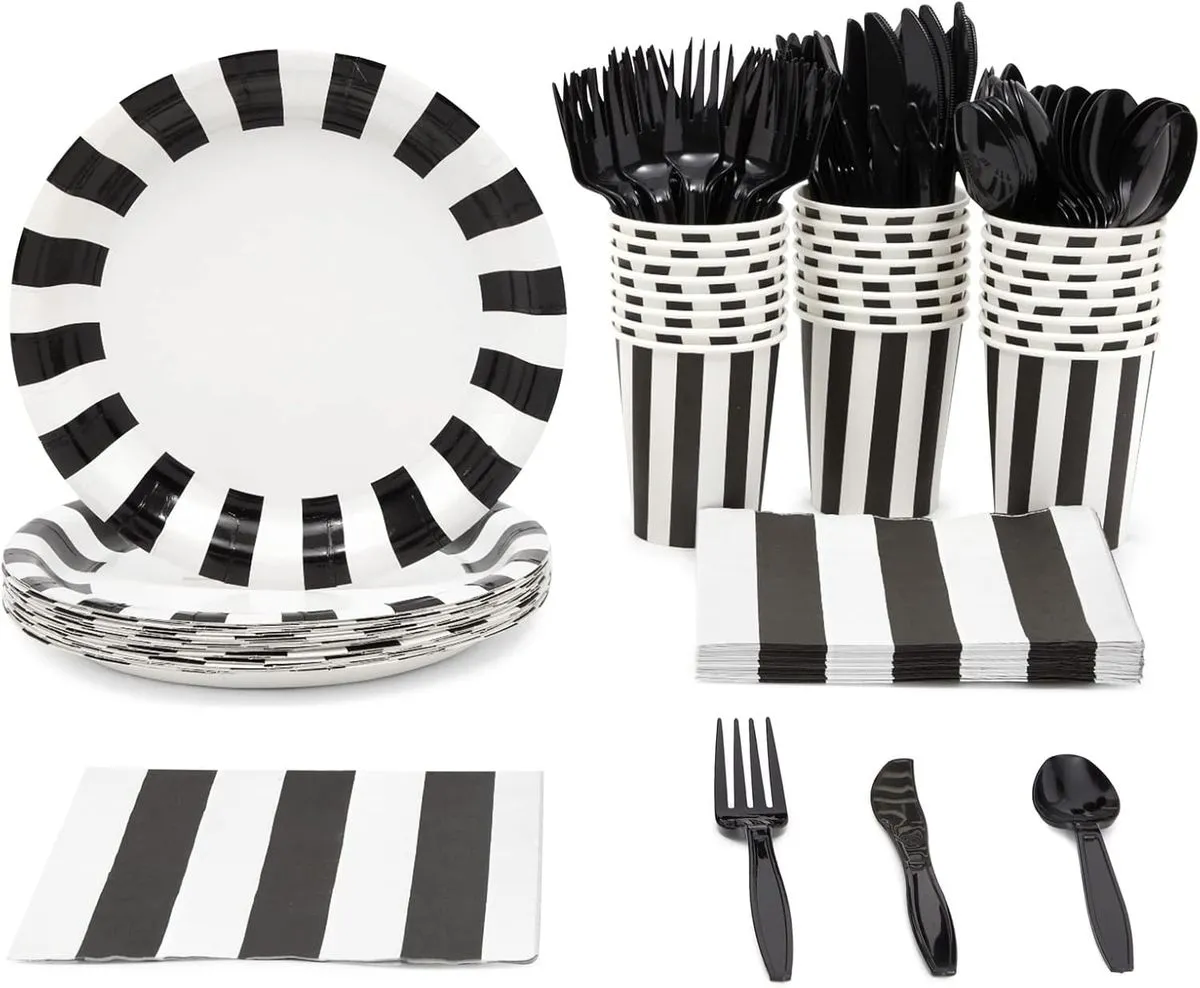 Paper Party Plates Set, Black and White/Gold, Serves 24 - 144-Piece
