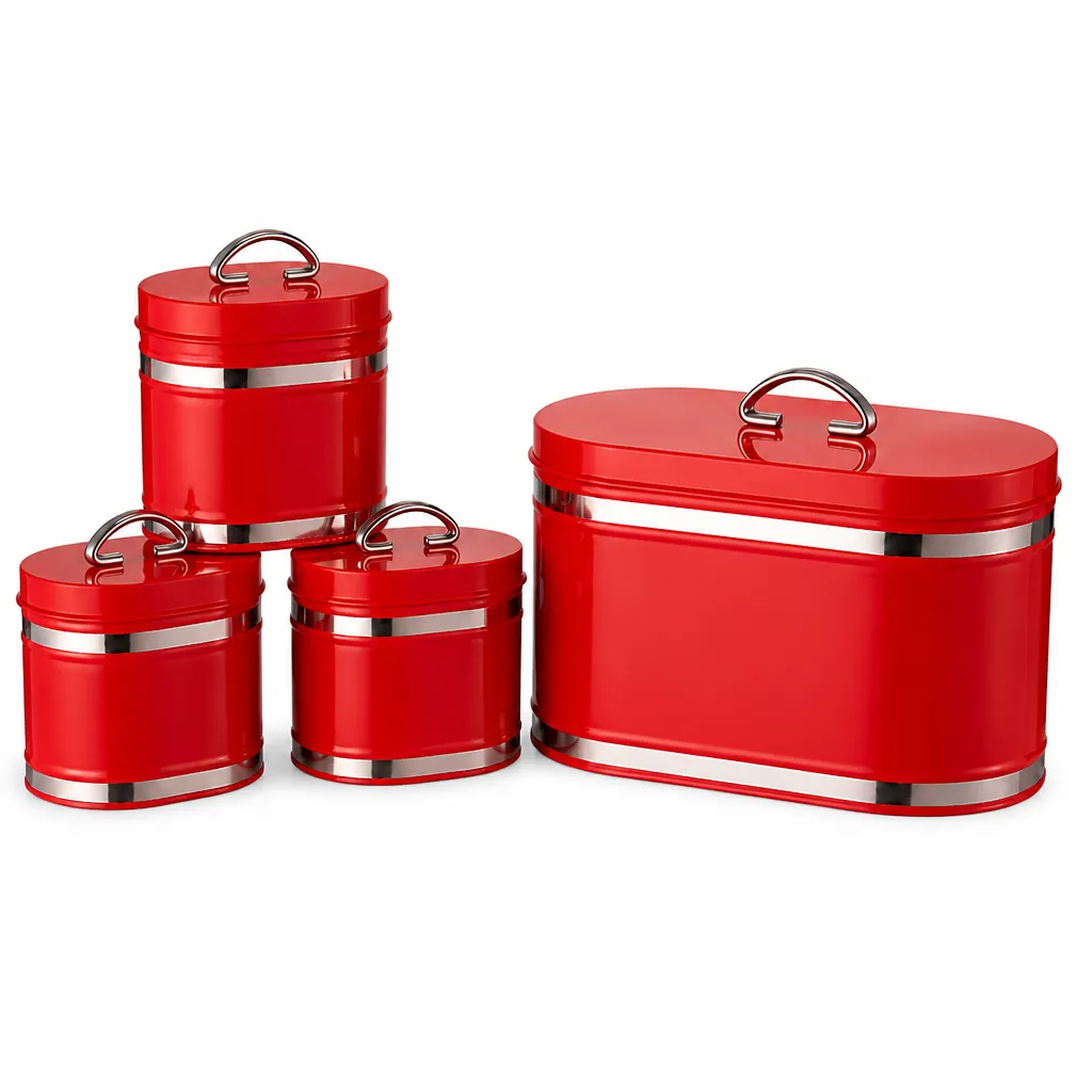 Bread Bin With Tea, Coffee And Sugar Canisters, Red Finish