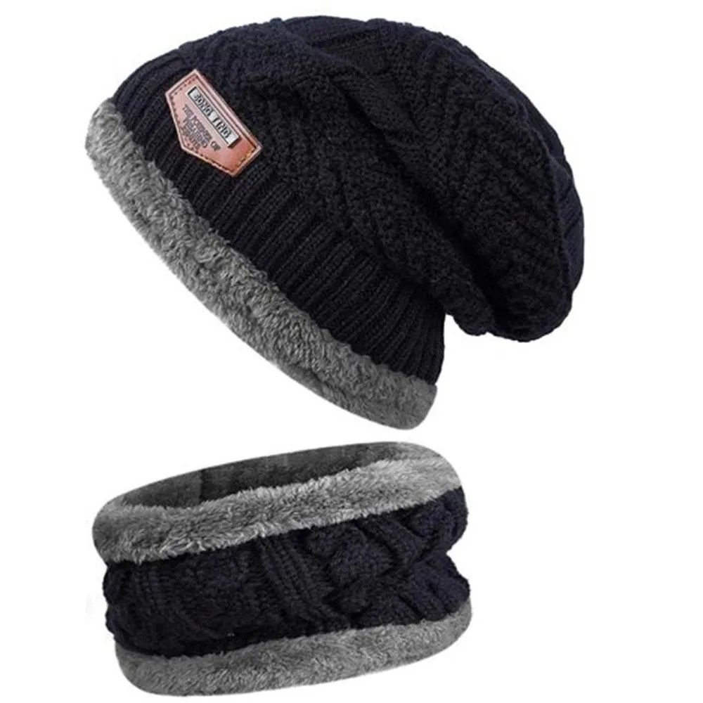 ASKSA Unisex Warm Winter Beanie Hat & Scarf Set Knit Cap - Black