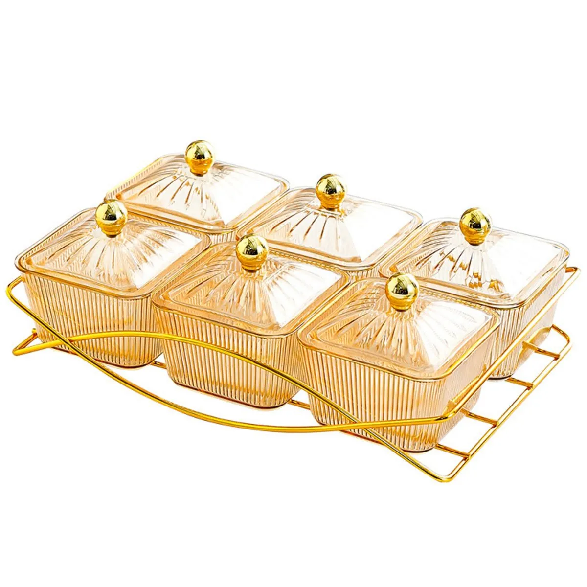 6 Clear Serving Bowls Set with Gold Metal Rack for Fruit Dessert Nuts Snack - Amber