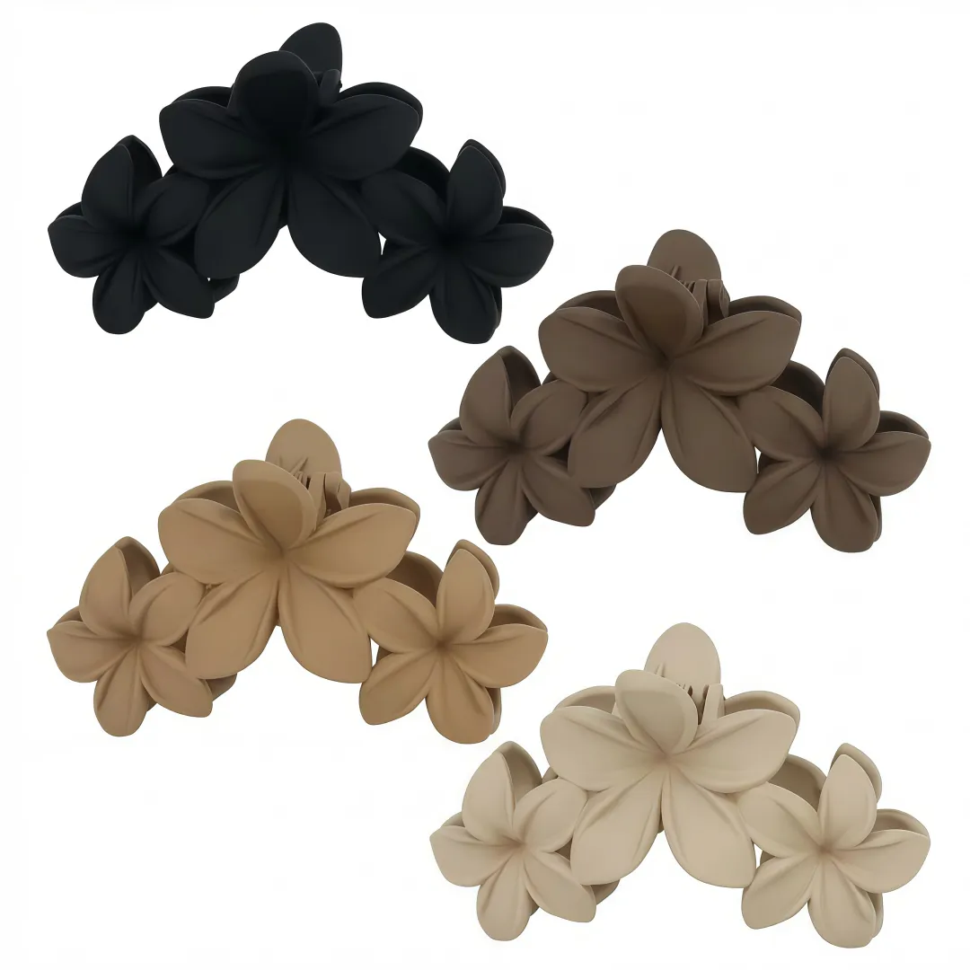 4 Pack Hawaiian Plumeria Flower Hair Claw Clips For Women - Black, Brown