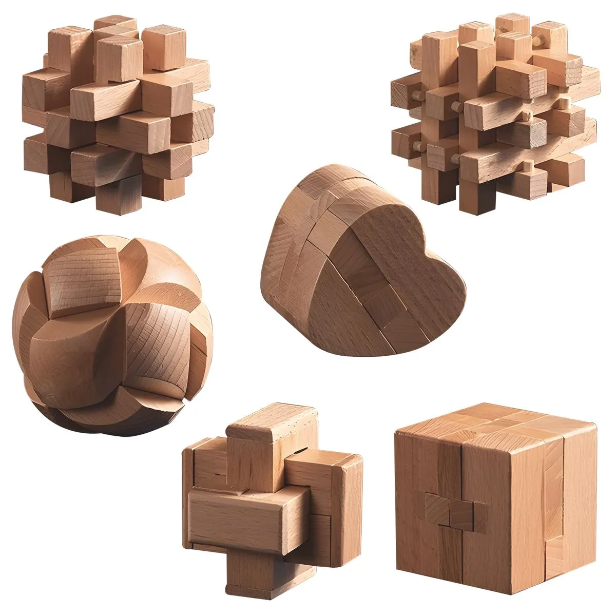 6 Pieces Wooden 3D Puzzle Brainteaser Puzzle Games Brain Teasers Toy Kit - Difficulty1