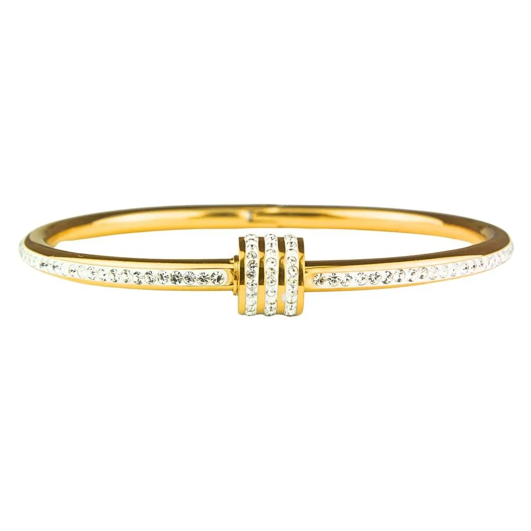 Luxury Plated Bangle With Paved Crystal Accents & White Detail - Gold