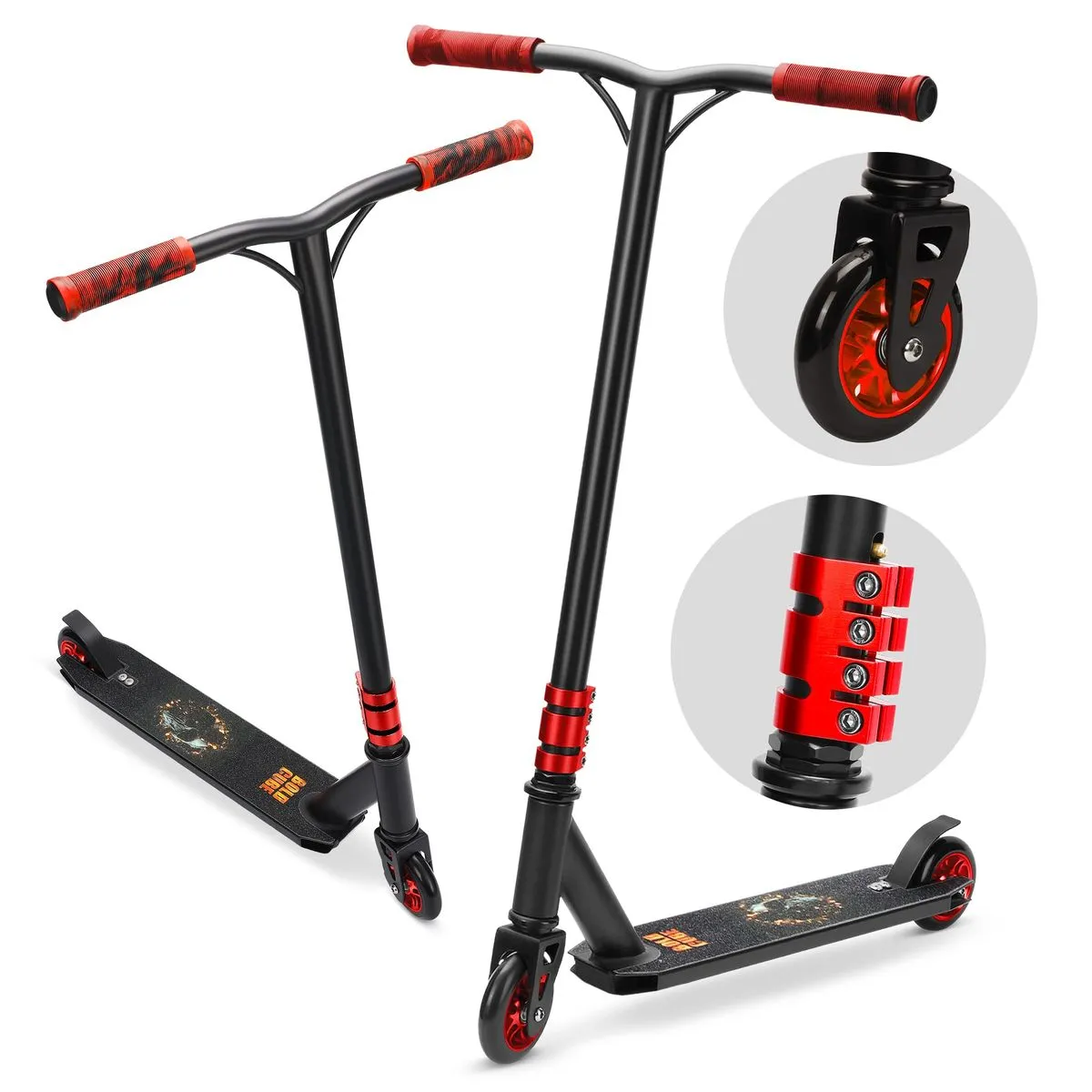 BOLDCUBE Deluxe Stunt Scooter | Kids 8-12 | ABEC9 | 4-Bolt Clamp | 7+ yrs - BlackFire