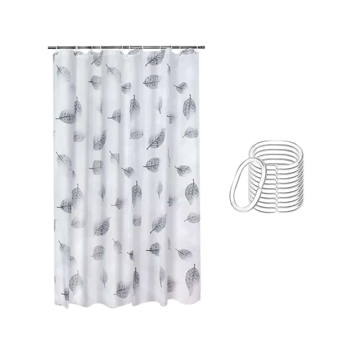 Deluxe Patterned Shower Curtains with 12 Clear Shower Hooks - 180 x 180cm - Grey Leaf