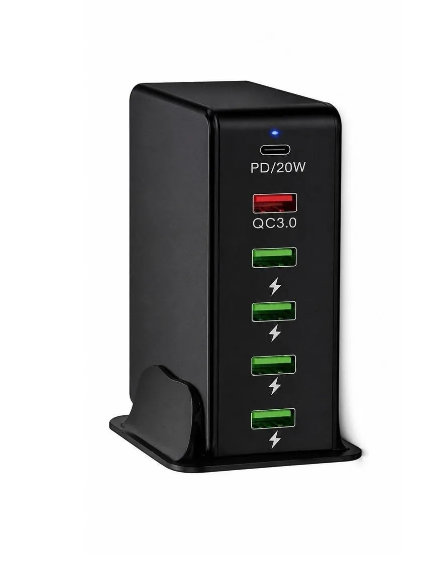 6-Port USB Fast Charging Dock - PD 20W + QC3.0 Desktop Charger Station