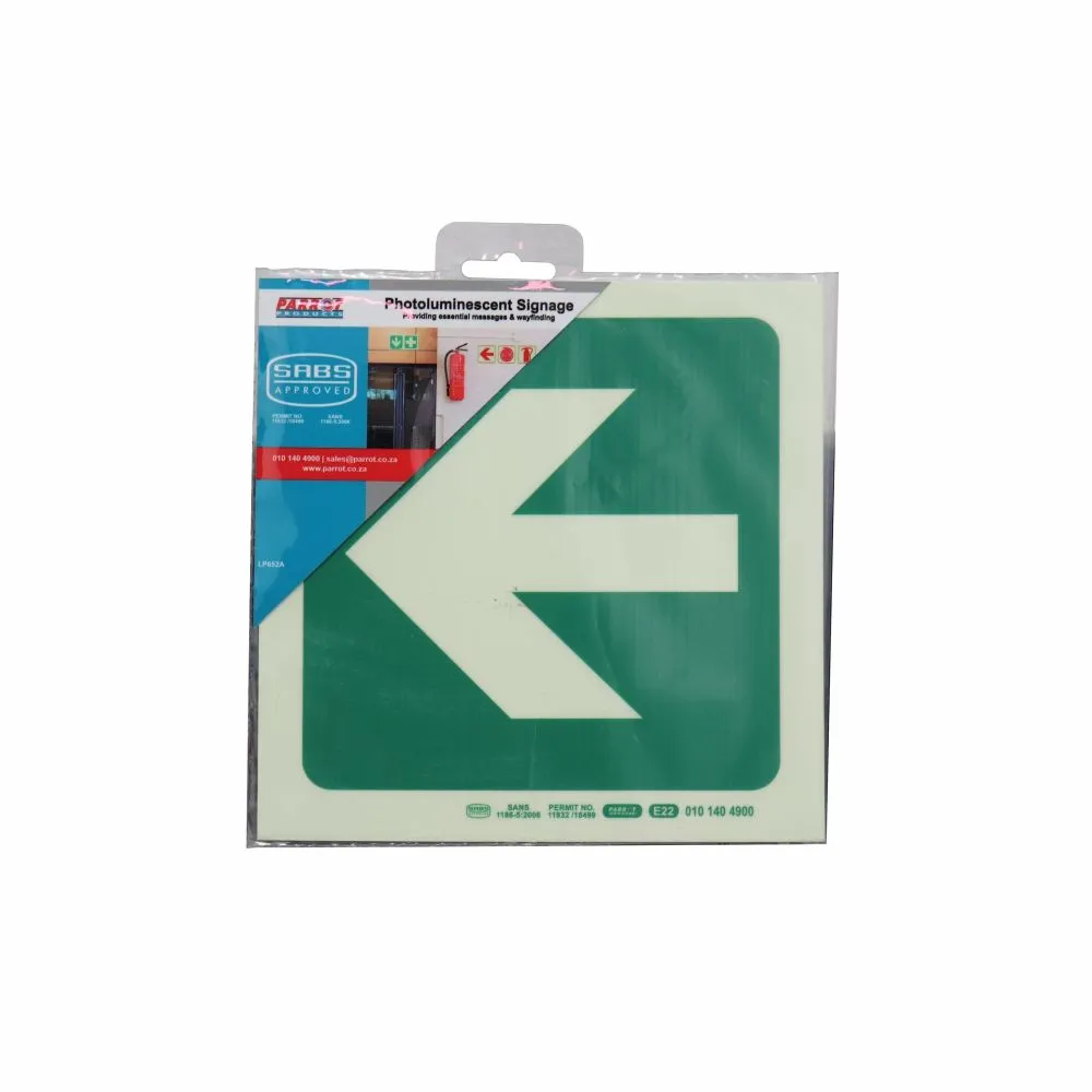 Parrot Products Photoluminescent E20 Safety Sign (Arrow Left)