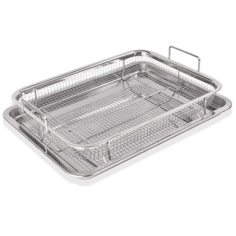 BBQ Grill Basket, Stainless Steel Grill Basket with Handle and Base Tray