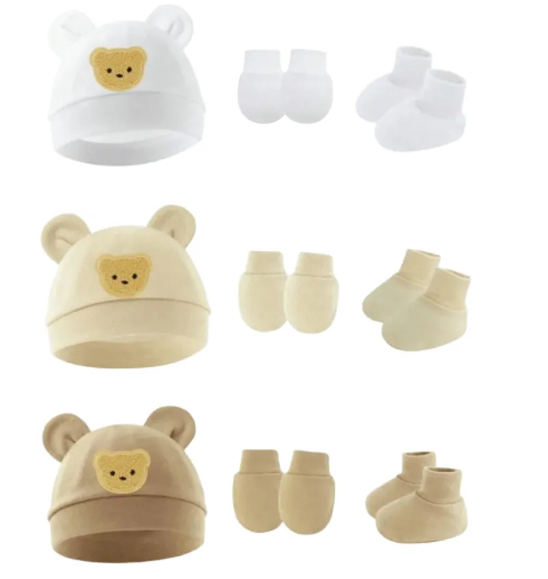 3-Piece, Set of 3, Newborn Anti-Scratch Mittens, Bean Hat, & Booties - Brown, White