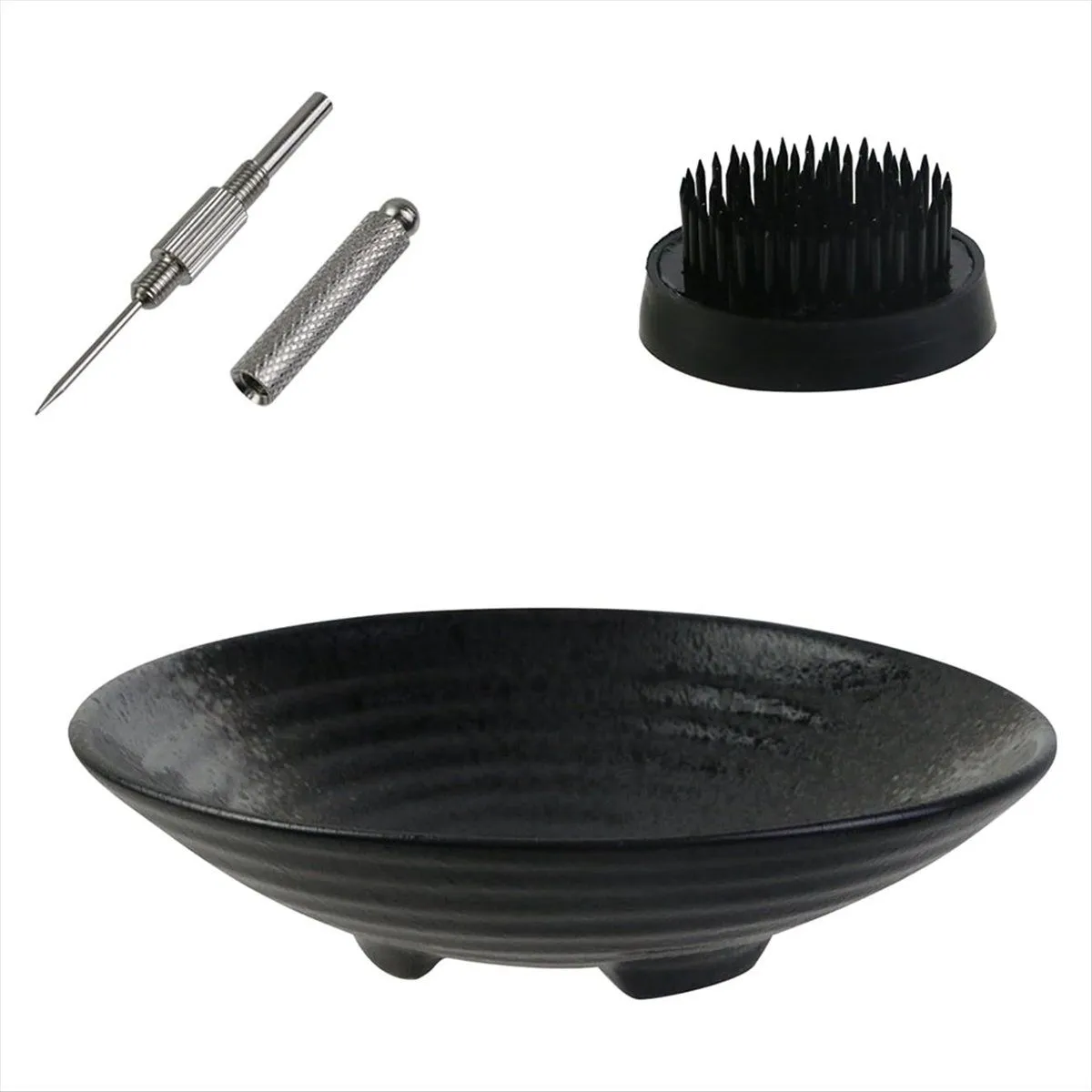 Ikebana Vase Kit Ceramic Ikebana Bowl and Metal Flower Kenzan Black