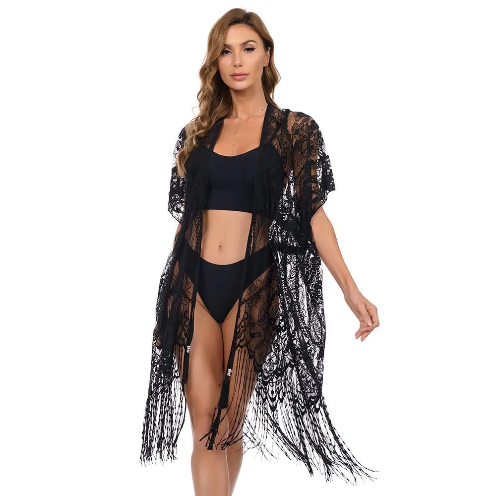 Large Bikini Lace Cover Cardigan, Elastic Waist Cover, Beach Vacation - Black