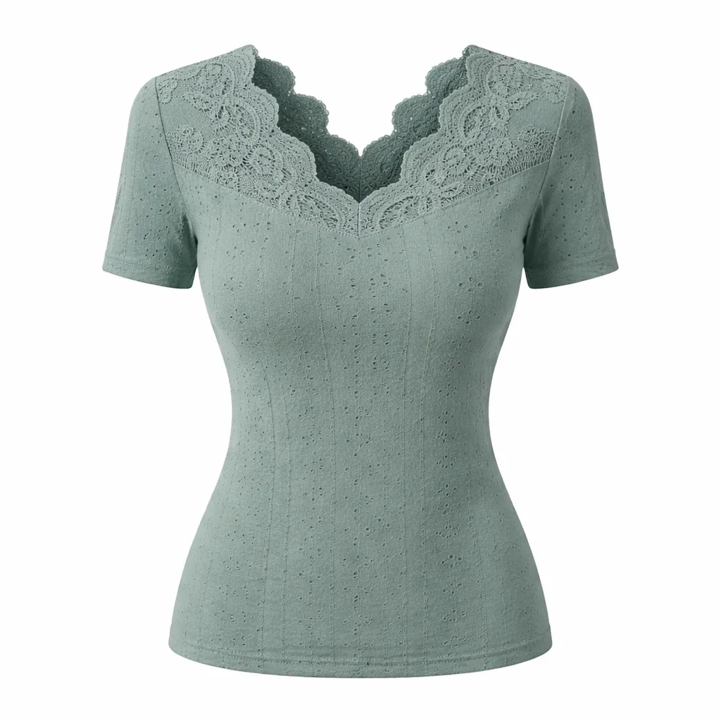 Fan-Shaped V-Neck Lace T-Shirt - Ocean Green
