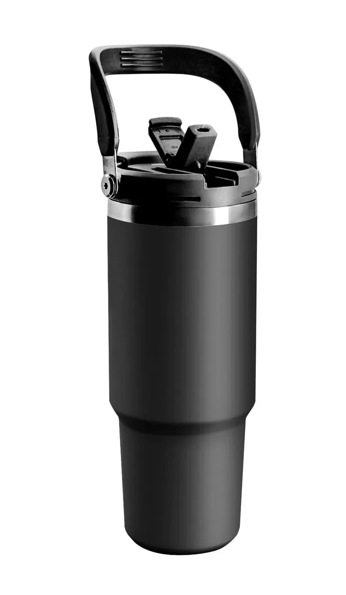 980ml Double Wall 2 in 1 - Straw or Sip with Carry Handle Flask - Black