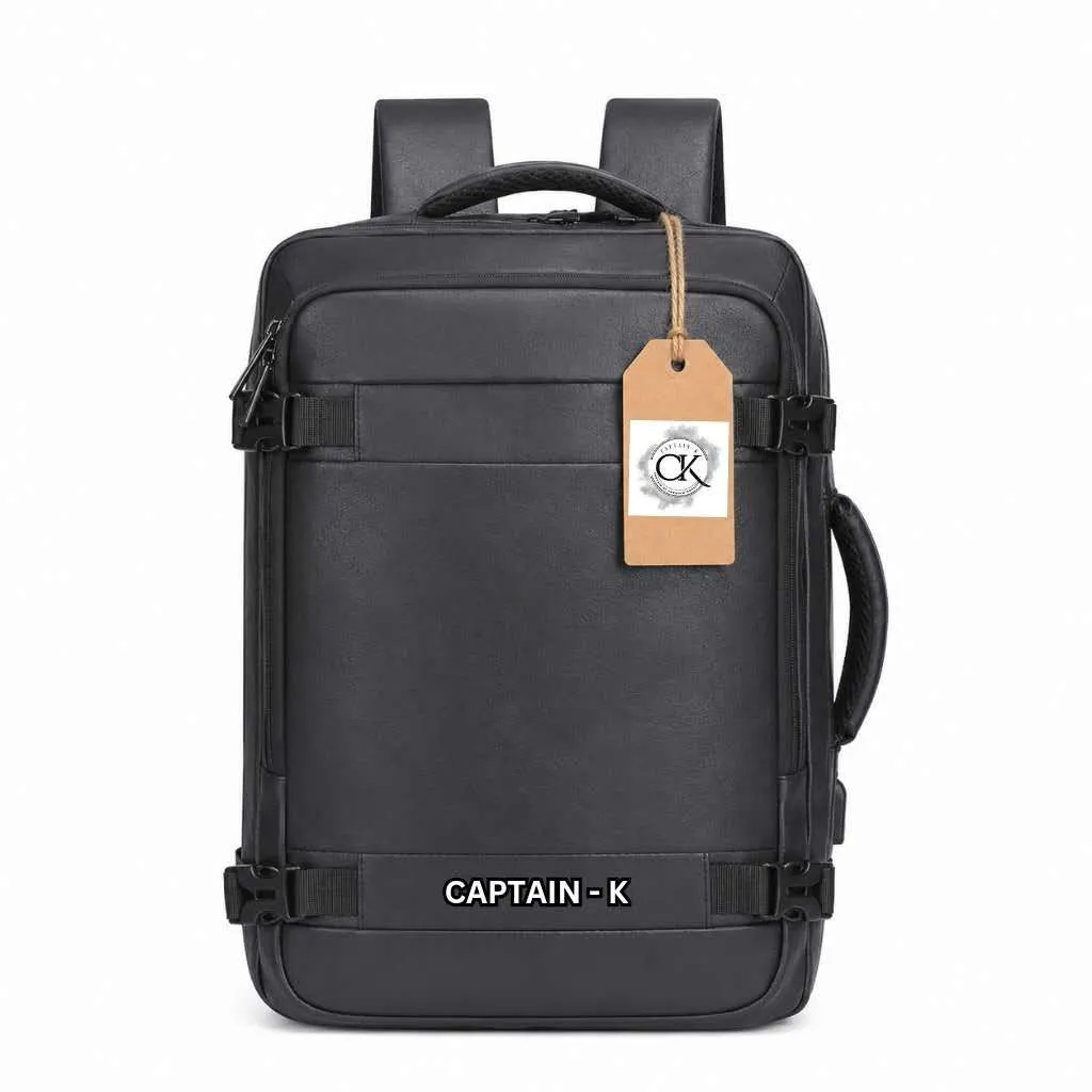 Captain - K - Leather Waterproof All Purpose Expandable Laptop Backpack - Black
