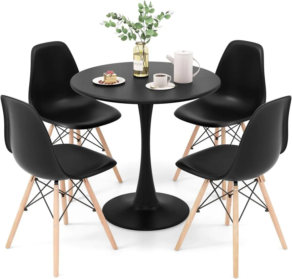 Contemporary Dining Set (Round Table + 4 Chairs) - Black