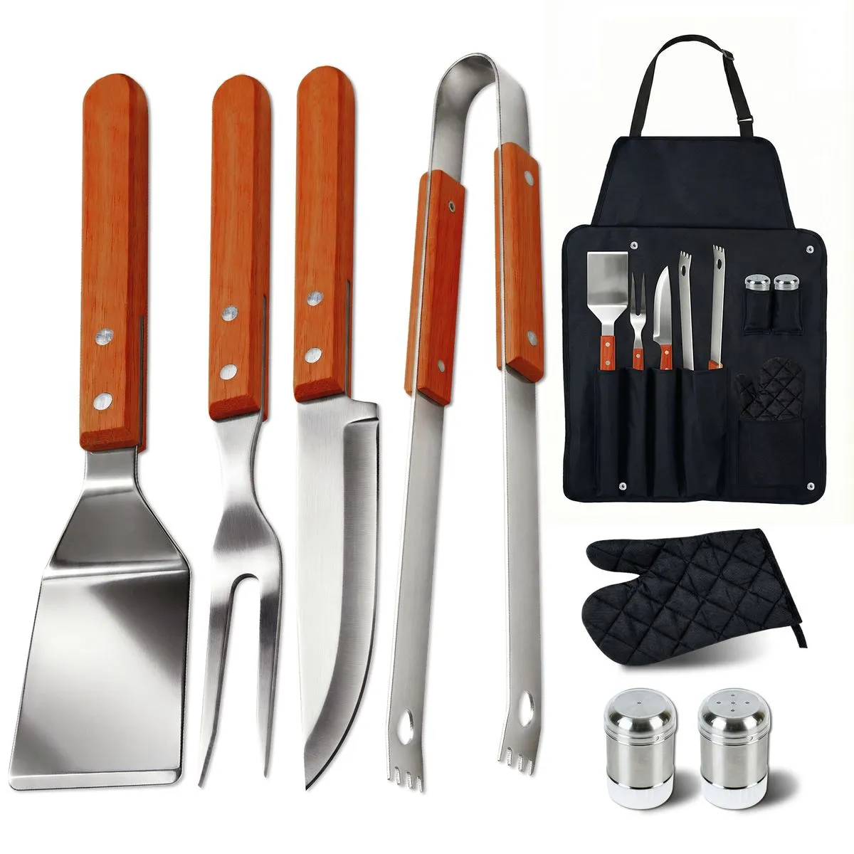 8 Piece Braai Set Wooden with Apron BBQ Grill Utensil Tool Set Grilling - Red