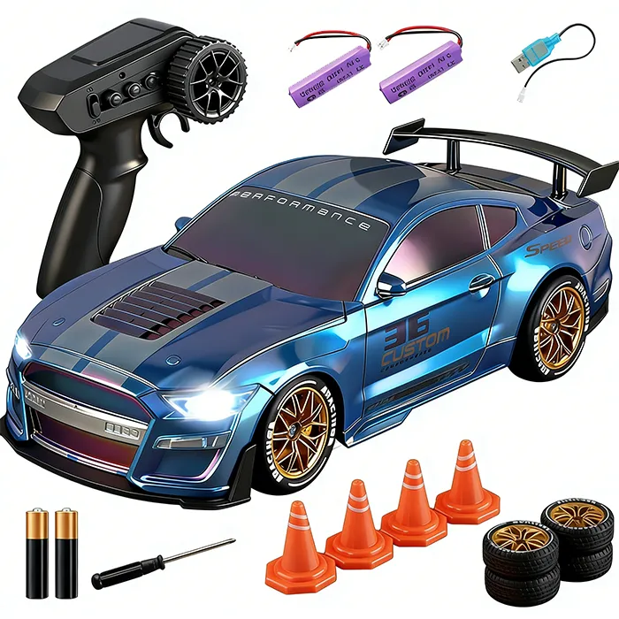 1:20 4WD RC Drift Car 2.4GHz Remote Control LED Lights, 2 Tire Sets & Cones - Blue