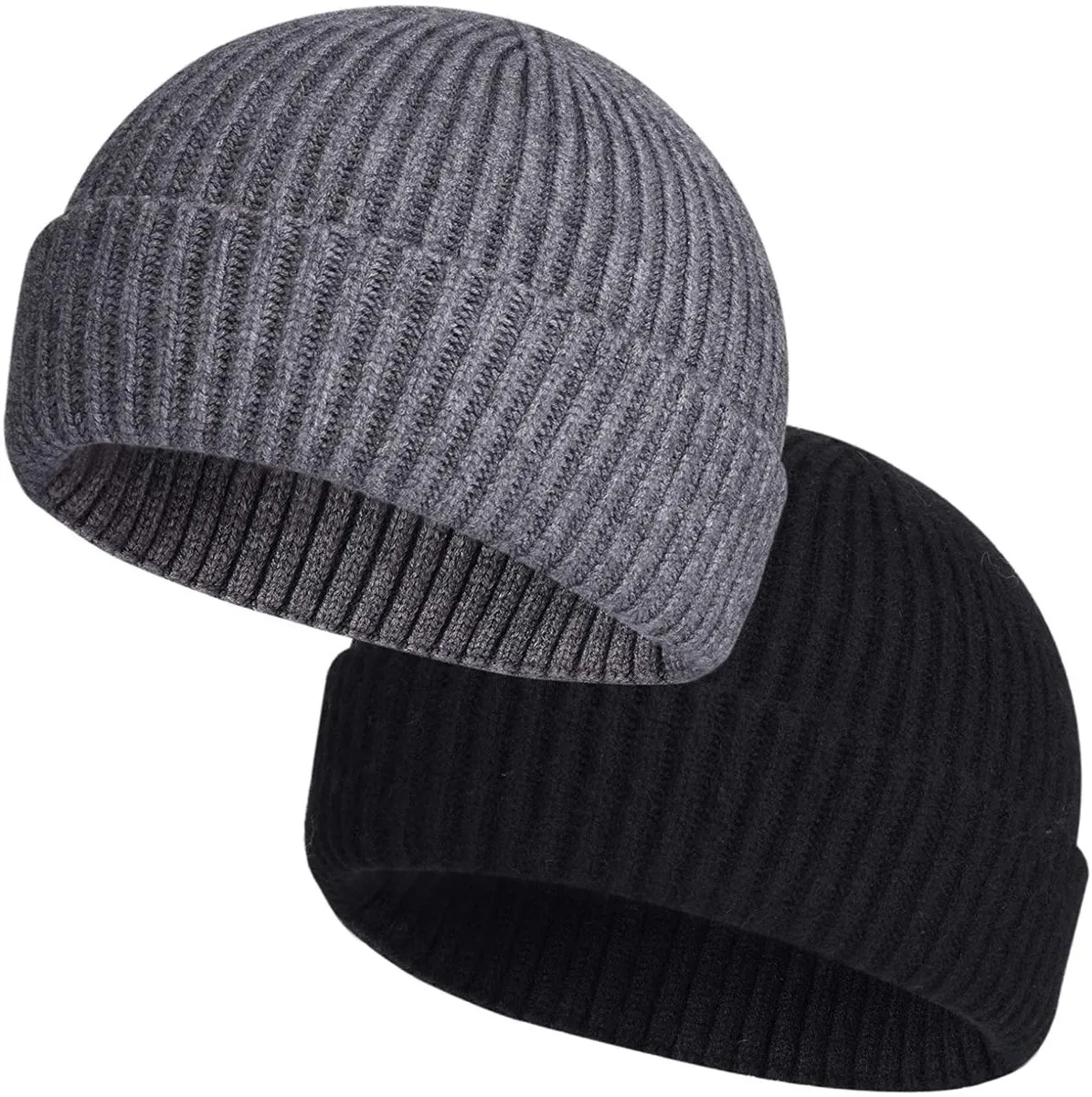 Classic Knit Short Watch Cap Winter Warm beanies 2 Piece Black and Grey