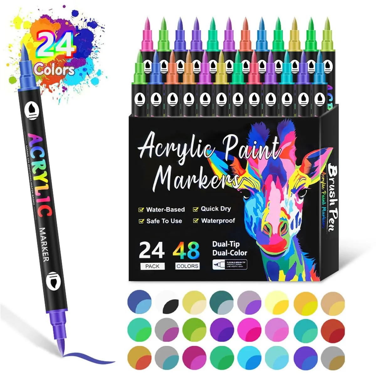 24 Dual-Tip Markers 48 Colors - Dual Tip Fine & Chisel Markers for Coloring