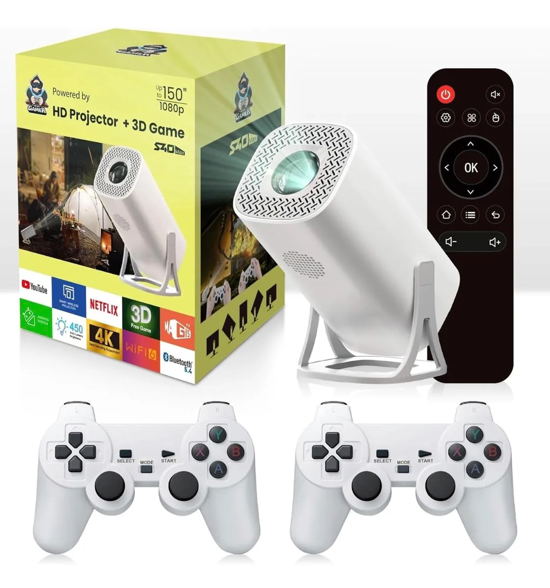 White S40 Max Projector 4K HD Bluetooth With 2 Wireless Game Controllers