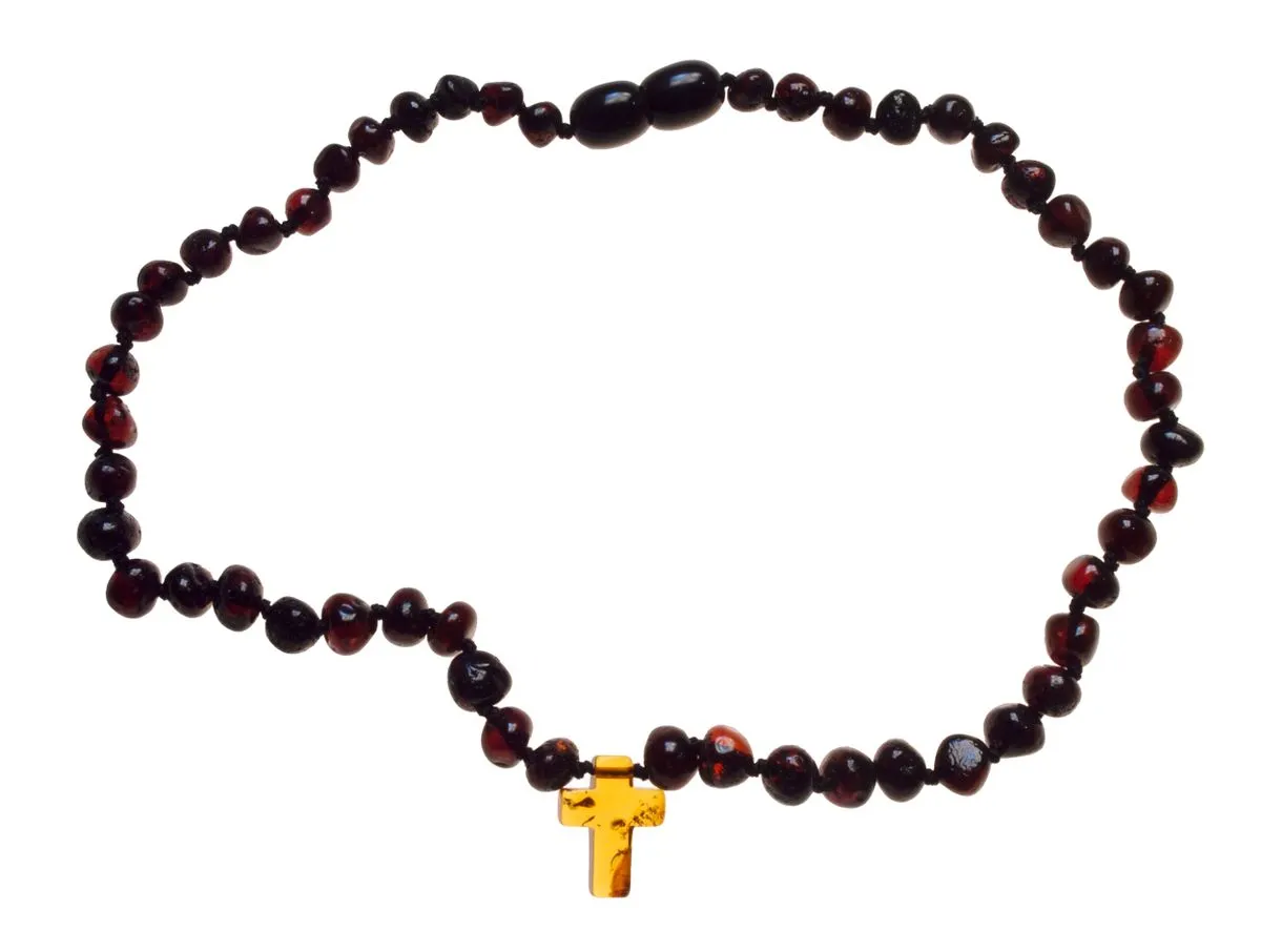Teething necklace Amber with Cross Pendant in Giftbox - Cherry