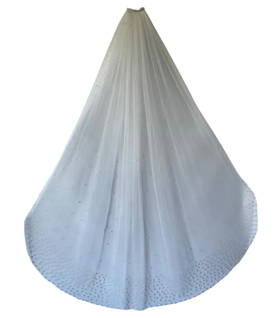 1.5M Luxury Bridal Tulle Bridal Veil Pearl Wedding Veil With Hair Comb - Ivory