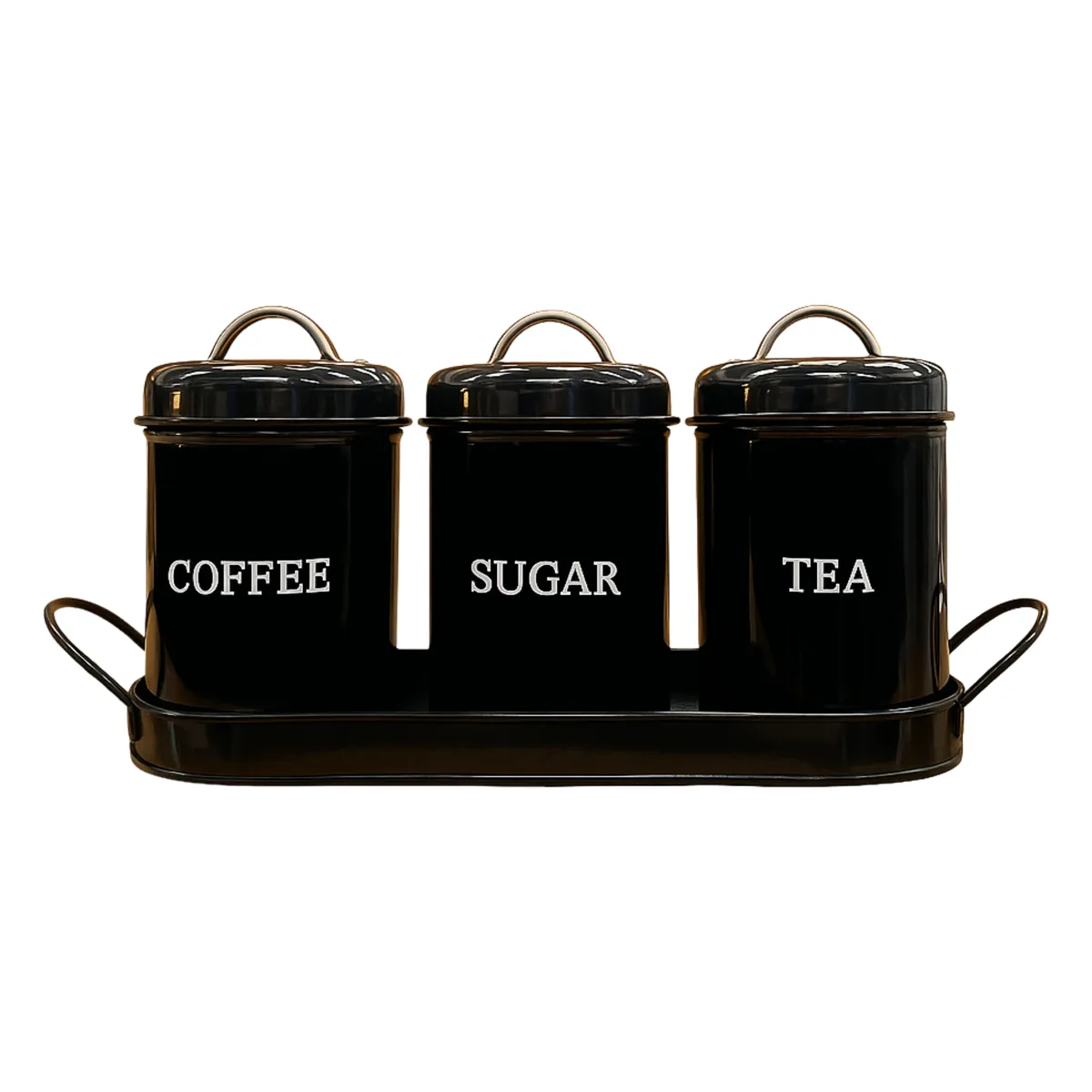 Tea Coffee Sugar Canisters - 3-Piece, With Tray - Black