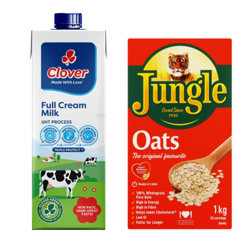 Clover Long Life Full Cream Milk 1 Litre + Jungle Oats Original 1kg