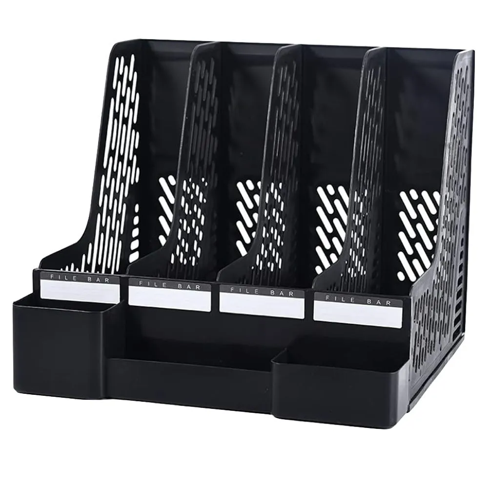 Stationery Desktop 4 Compartments Bookend Stand With Pen Holder - 32.5cm - Black